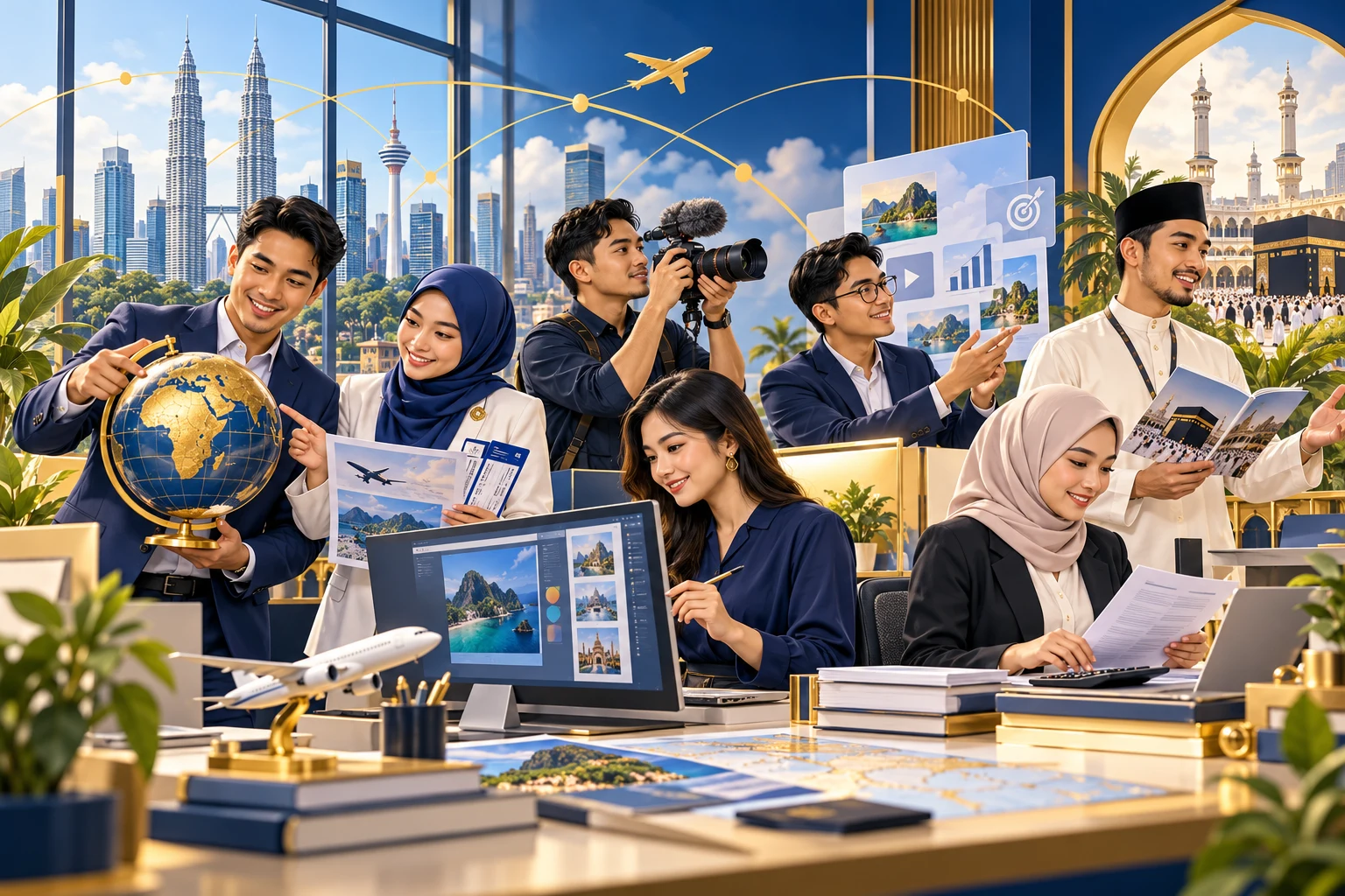 Ilustrasi kerjaya pelancongan: perunding, pereka, videografer, pemasaran, pentadbiran dan pembimbing agama